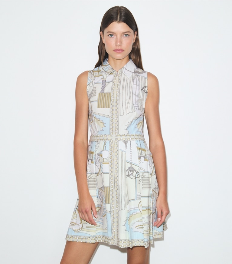Tory Burch designer kleider Bedrucktes Golfkleid in The Pool Beige on model detail