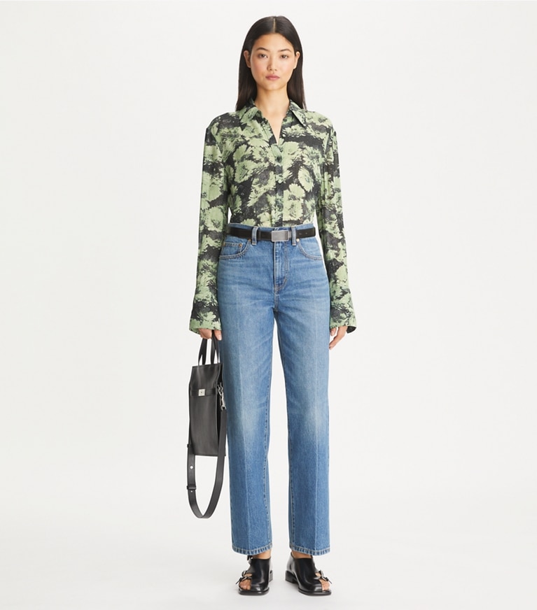 Tory Burch designer oberteile Bedrucktes Hemd aus Viskose in Green Pixel Floral front