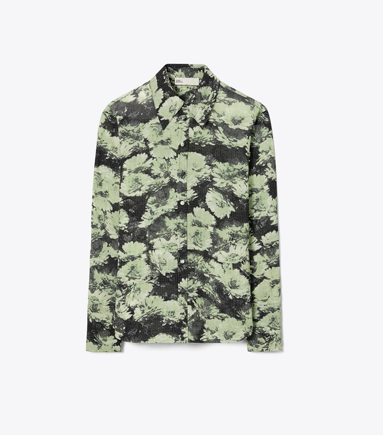 Tory Burch designer oberteile Bedrucktes Hemd aus Viskose in Green Pixel Floral front