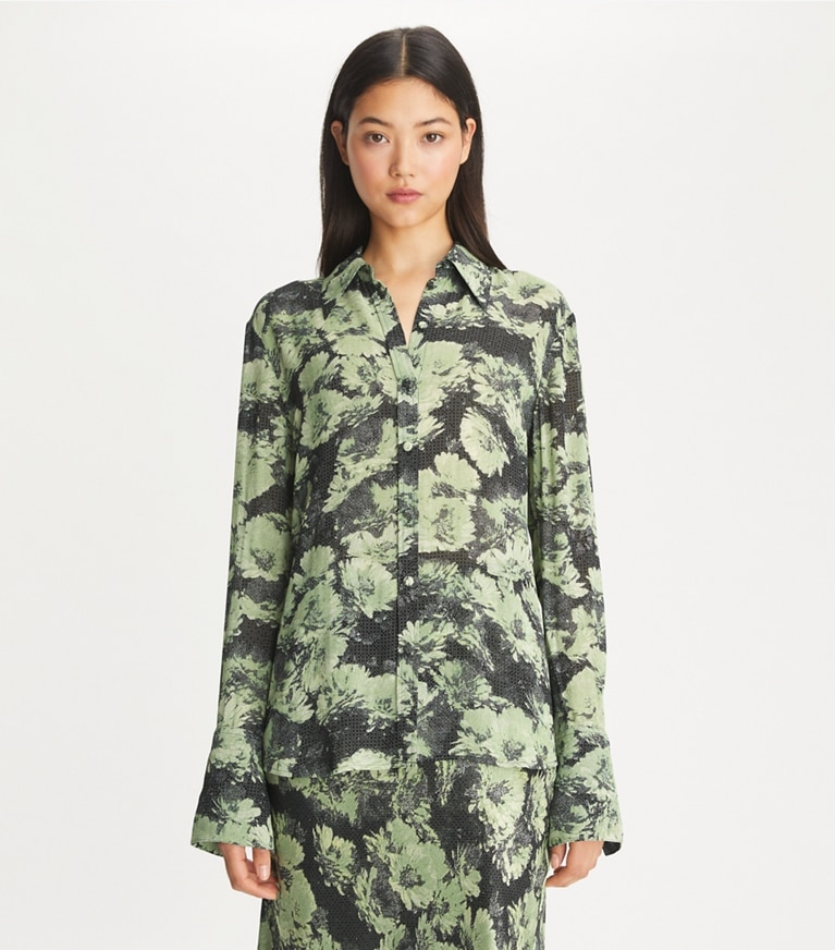 Tory Burch designer oberteile Bedrucktes Hemd aus Viskose in Green Pixel Floral front
