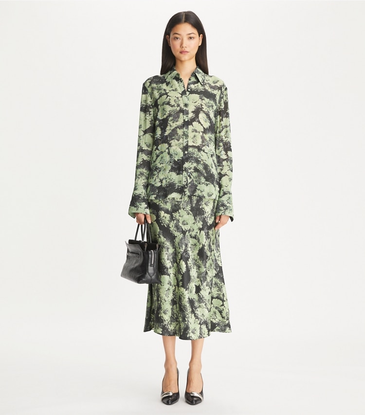 Tory Burch designer oberteile Bedrucktes Hemd aus Viskose in Green Pixel Floral modell von vorn
