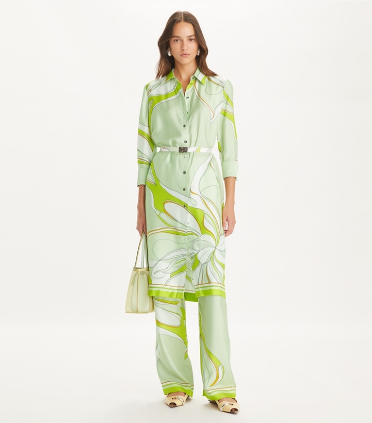 Tory Burch designer kleider Bedrucktes Hemdkleid aus Seide in Chartreuse Twisty Flower front