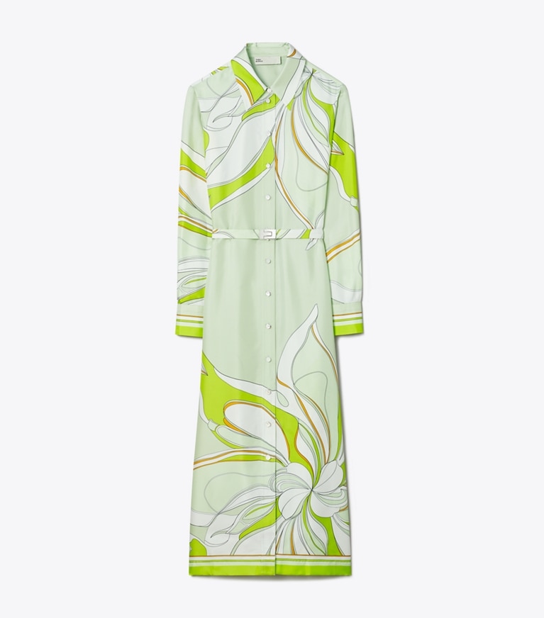 Tory Burch designer kleider Bedrucktes Hemdkleid aus Seide in Chartreuse Twisty Flower front