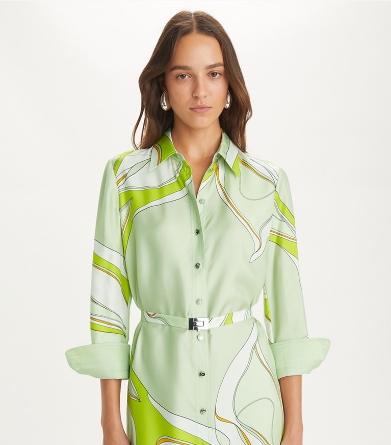 Tory Burch designer kleider Bedrucktes Hemdkleid aus Seide in Chartreuse Twisty Flower front