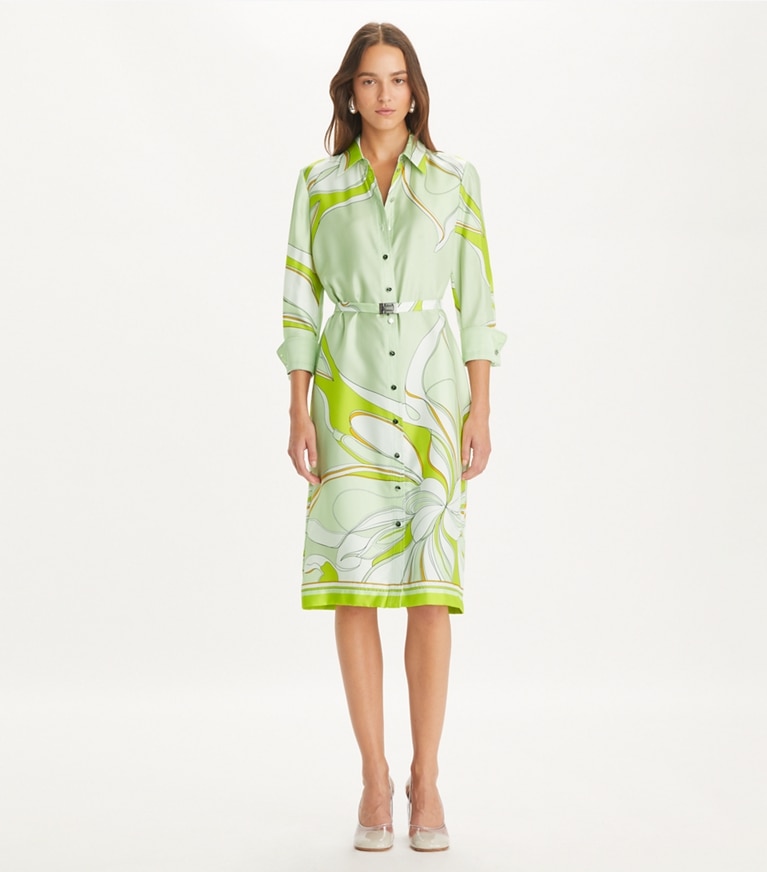 Tory Burch designer kleider Bedrucktes Hemdkleid aus Seide in Chartreuse Twisty Flower front