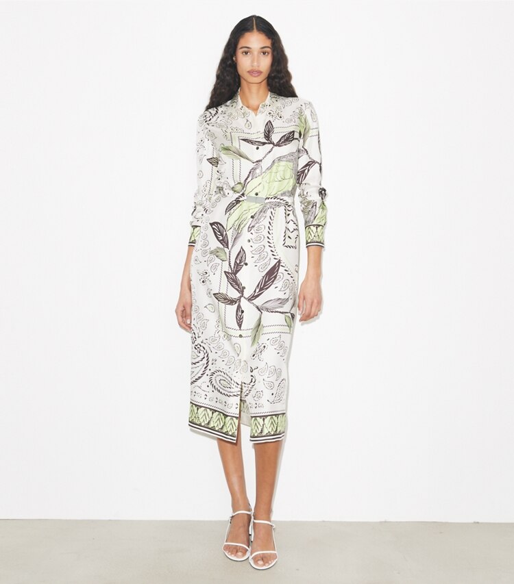 Tory Burch designer kleider Bedrucktes Hemdkleid aus Seide in Mint Cockatoo modell von vorn