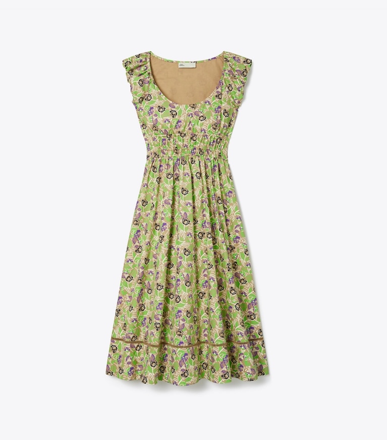 Tory Burch designer kleider Bedrucktes Kleid aus Baumwollpopeline in Green Scribble Floral front