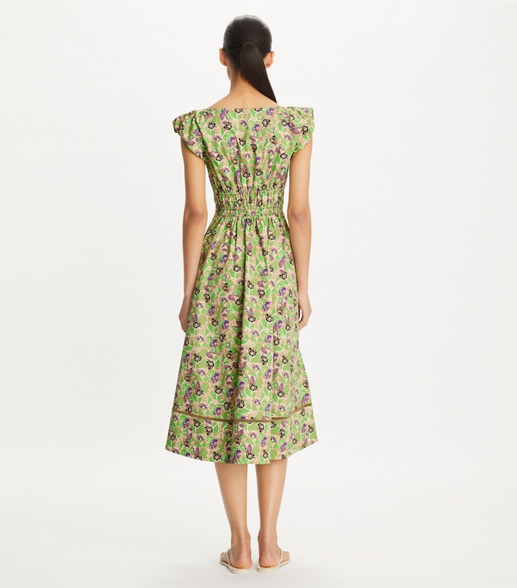 Tory Burch designer kleider Bedrucktes Kleid aus Baumwollpopeline in Green Scribble Floral on model back