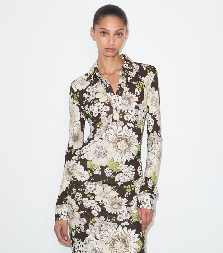 Tory Burch designer kleider Bedrucktes Kleid aus Viskose in Brown Floral on model detail