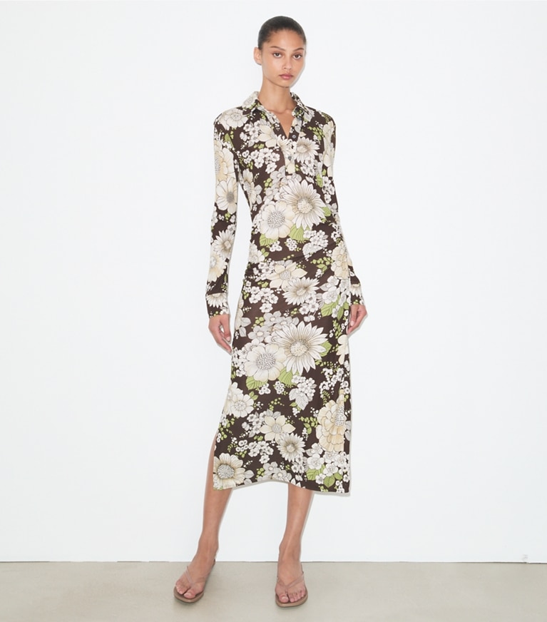 Tory Burch designer kleider Bedrucktes Kleid aus Viskose in Brown Floral modell von vorn