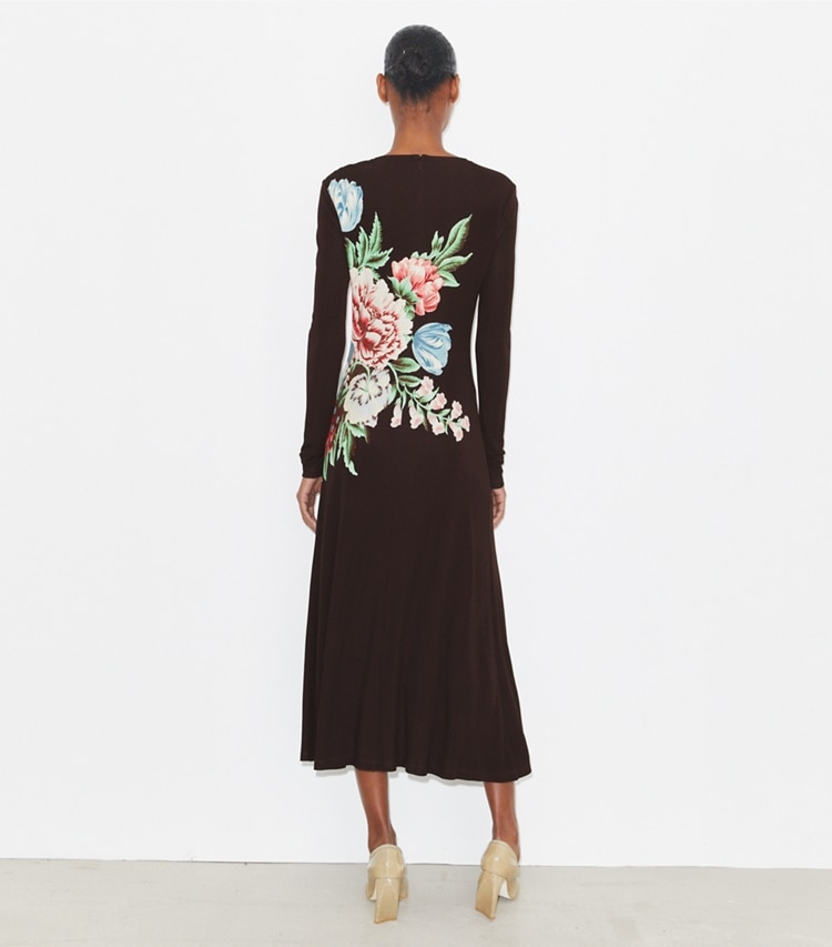 Tory Burch designer kleider Bedrucktes Kleid aus Viskosejersey in Brown Chair Floral on model back