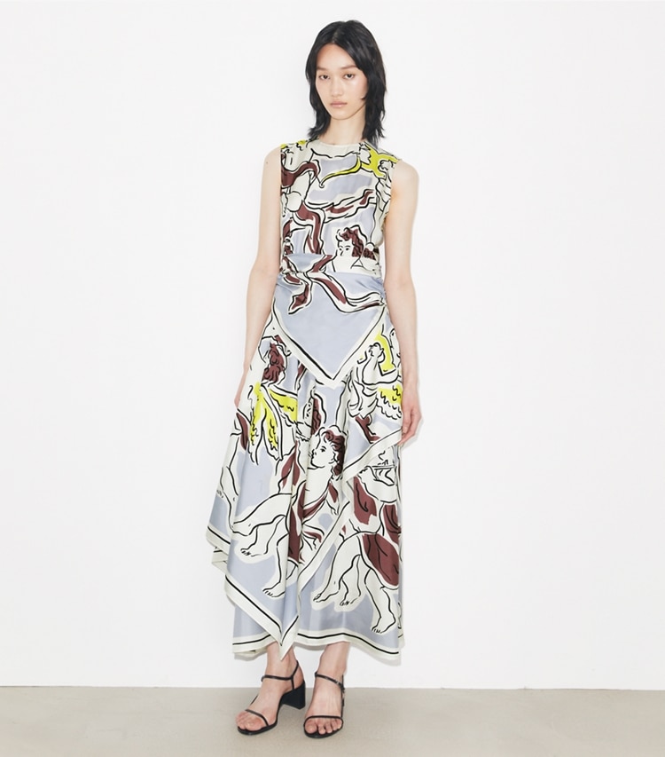 Tory Burch designer kleider Bedrucktes Seidenkleid in Lilac Cherubs modell von vorn