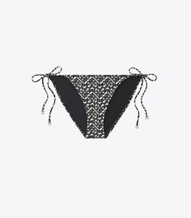 Tory Burch designer bikinis Bedrucktes String-Bikinihöschen in Black Prismatic T Monogram Small front