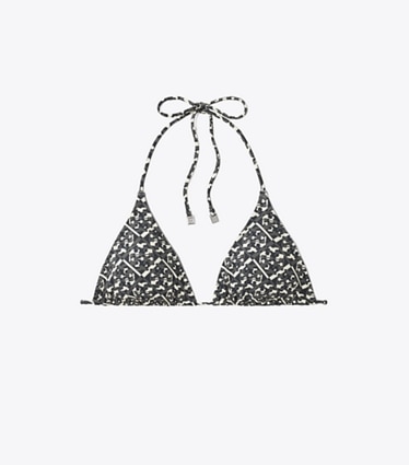Tory Burch designer bikinis Bedrucktes String-Bikinioberteil in Black Prismatic T Monogram Small front