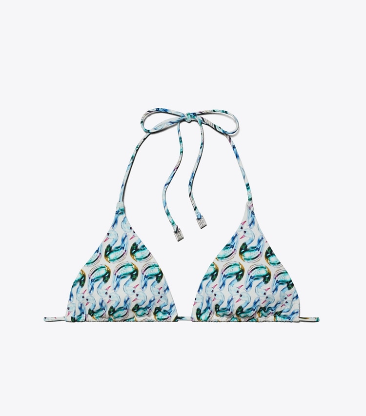 Tory Burch designer bikinis Bedrucktes String-Bikinioberteil in Blue Glass Swan Allover front