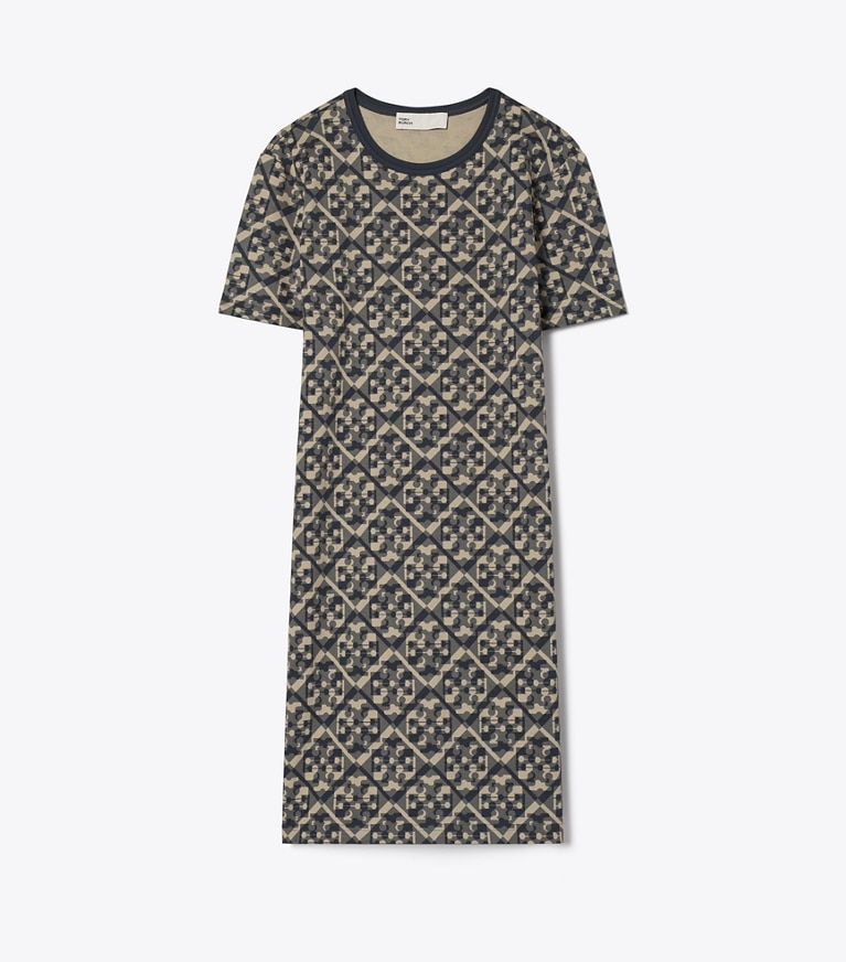 Tory Burch designer kleider Bedrucktes T-Shirt-Kleid aus Baumwolle in Blue Prismatic T Monogram T-Shirt Dress front
