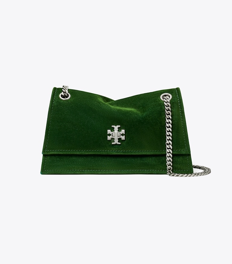 Tory Burch designer schultertaschen Beflockte Mini Kira Schultertasche mit Drehverschluss in Emerald angle