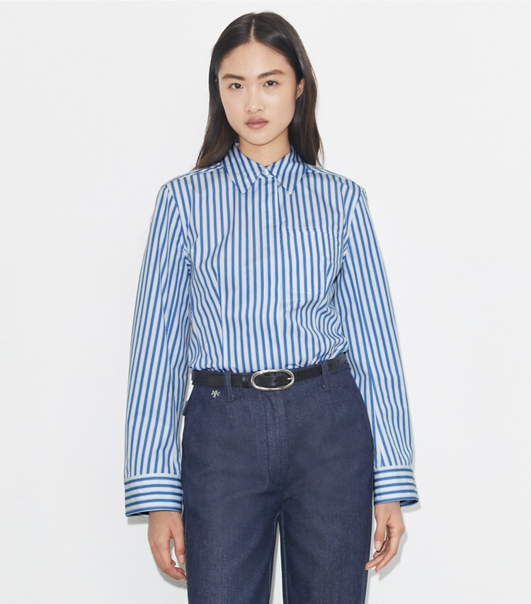Tory Burch designer tops Bell-Sleeve Cotton Shirt in Blue Stripe on model detail
