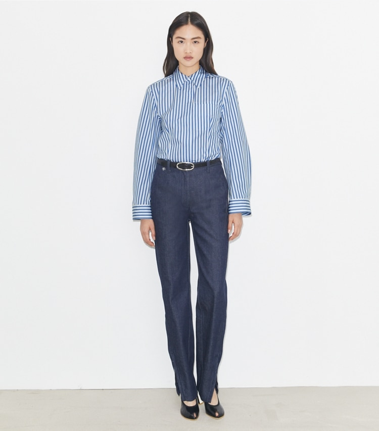 Tory Burch designer tops Bell-Sleeve Cotton Shirt in Blue Stripe on model front