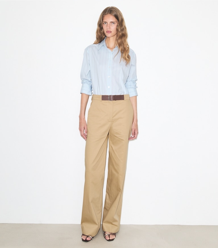 Tory Burch designer bottoms Belted Cotton Pant in Khaki additional on model
