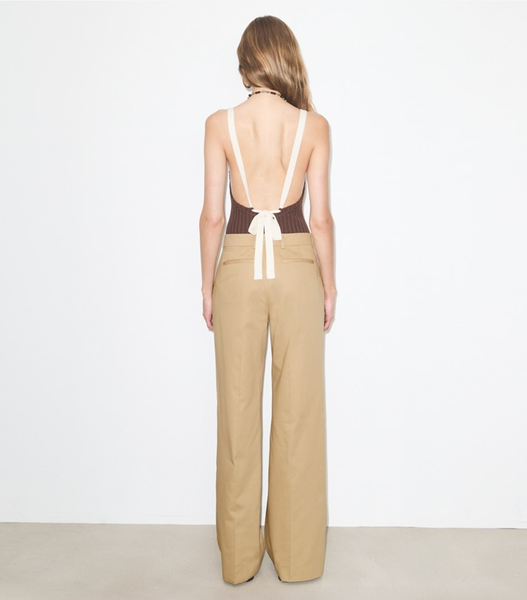 Tory Burch designer bottoms Belted Cotton Pant in Khaki on model back