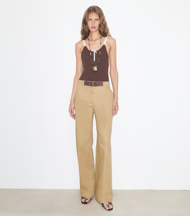 Tory Burch designer bottoms Belted Cotton Pant in Khaki on model front