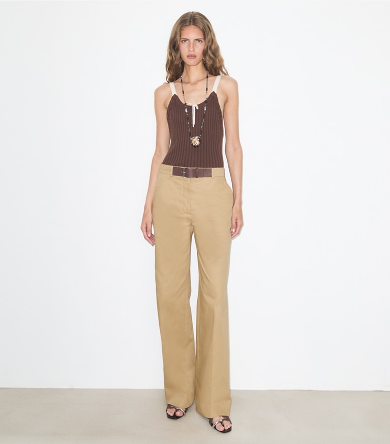 Tory Burch designer bottoms Belted Cotton Pant in Khaki on model front