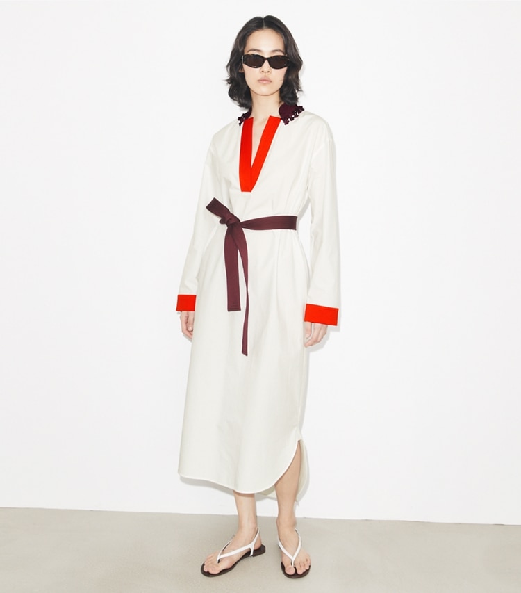 Tory Burch designer coverups Belted Cotton Tunic in White on model front