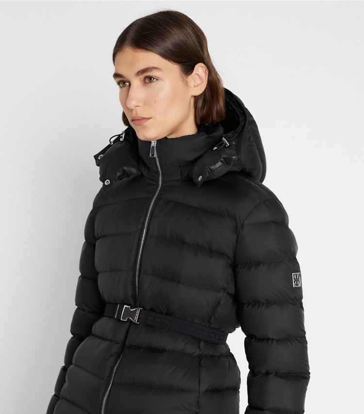 Tory Sport designer coats Belted Down Jacket in Black on model detail