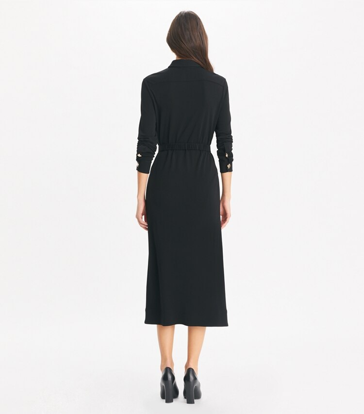 Tory Burch designer dresses Belted Jersey Shirtdress in Black on model back