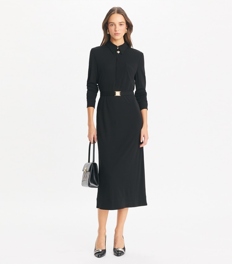 Tory Burch designer dresses Belted Jersey Shirtdress in Black on model front