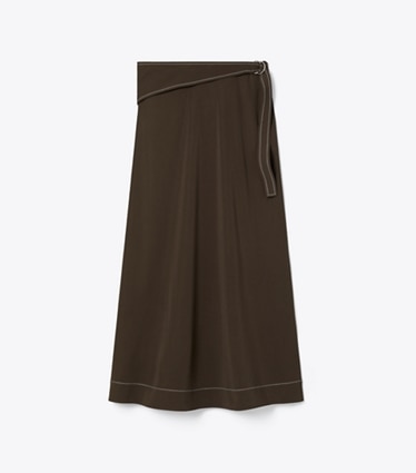 Tory Burch designer bottoms Belted Jersey Skirt in Deep Chocolate front