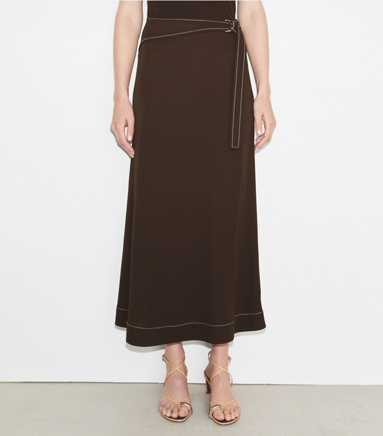 Tory Burch designer bottoms Belted Jersey Skirt in Deep Chocolate front
