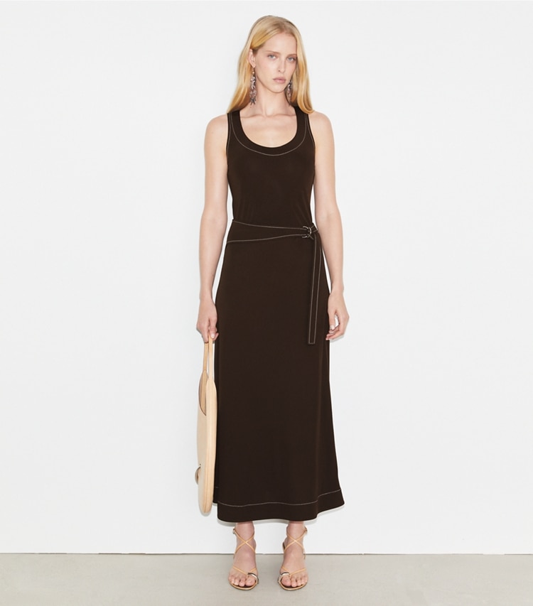 Tory Burch designer bottoms Belted Jersey Skirt in Deep Chocolate on model front
