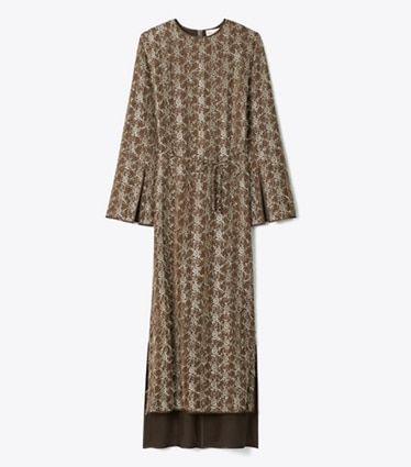Tory Burch designer dresses Belted Lace Dress in Coffee front