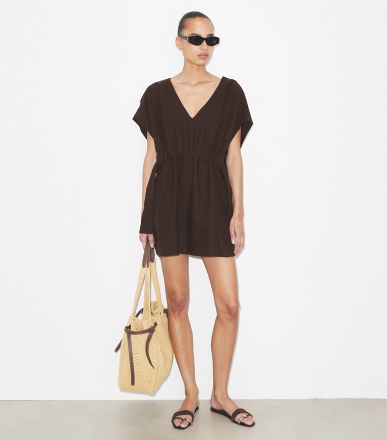 Tory Burch designer coverups Belted Linen Dress in Dark Brown on model front