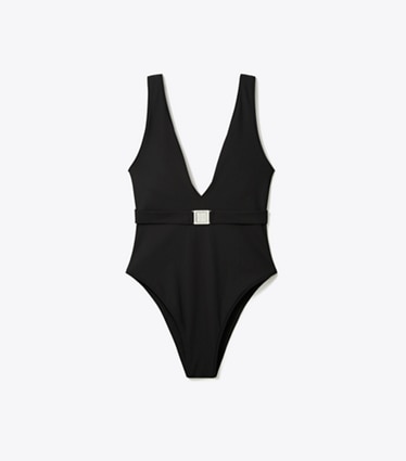 Tory Burch designer one pieces Belted Logo Swimsuit in Black front