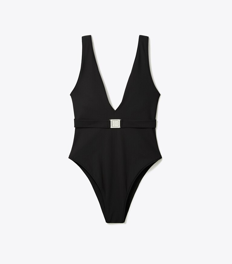Tory Burch designer one pieces Belted Logo Swimsuit in Black front