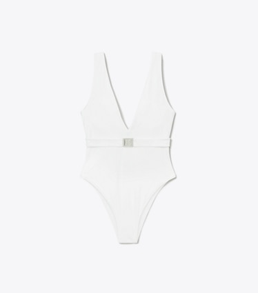 Tory Burch designer one pieces Belted Logo Swimsuit in White front