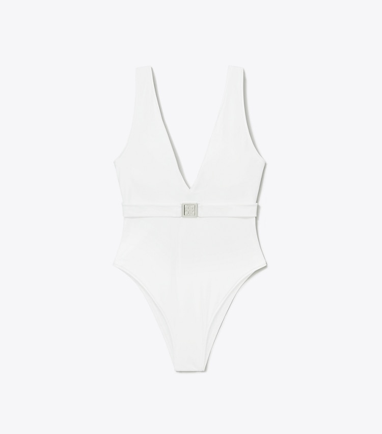 Tory Burch designer one pieces Belted Logo Swimsuit in White front