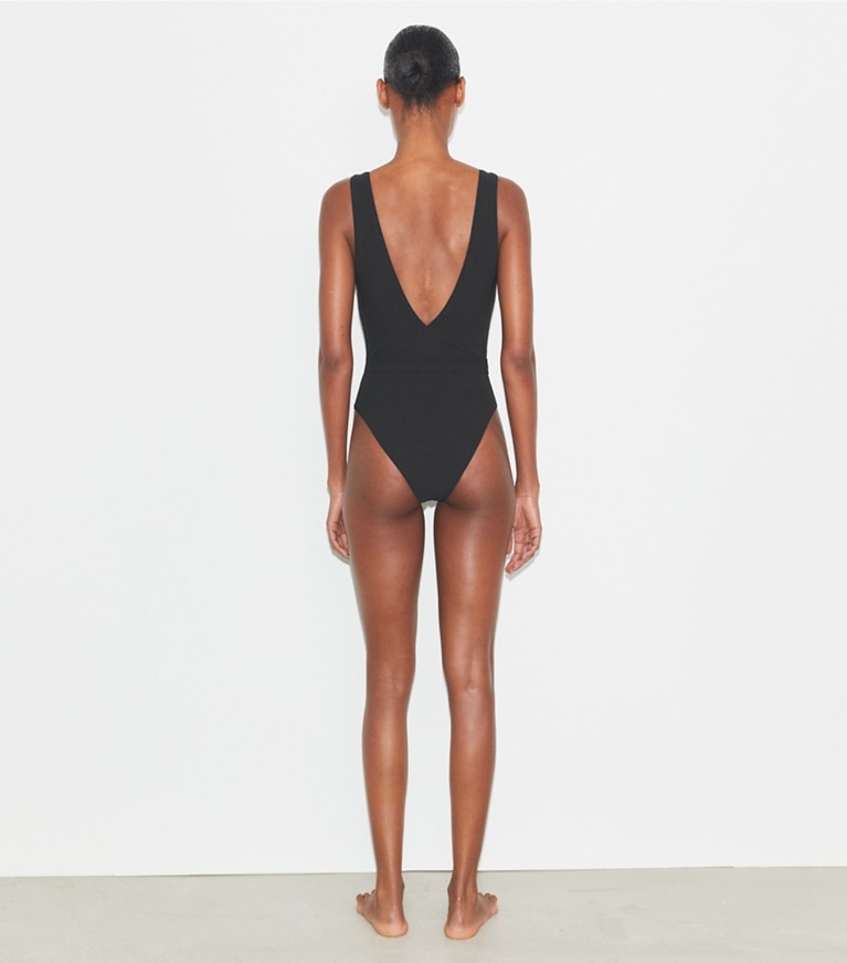 Tory Burch designer one pieces Belted Logo Swimsuit in Black front