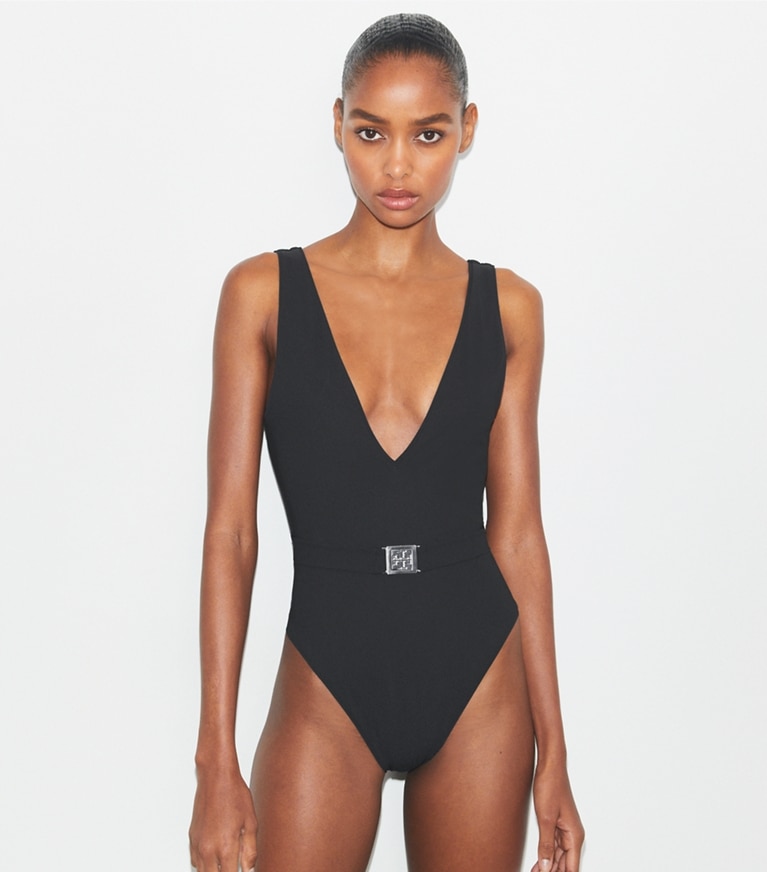 Tory Burch designer one pieces Belted Logo Swimsuit in Black front