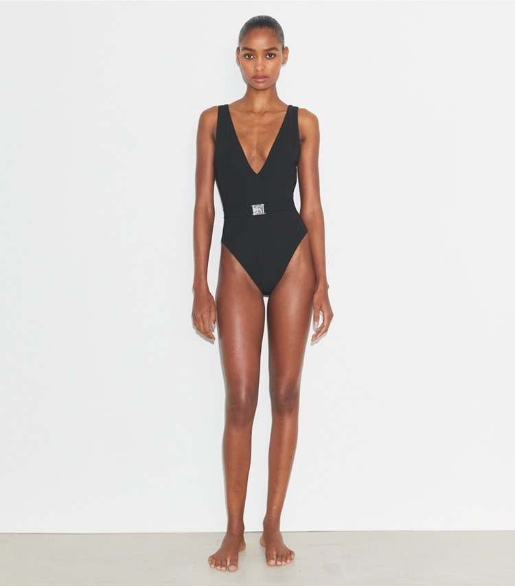Tory Burch designer one pieces Belted Logo Swimsuit in Black on model front