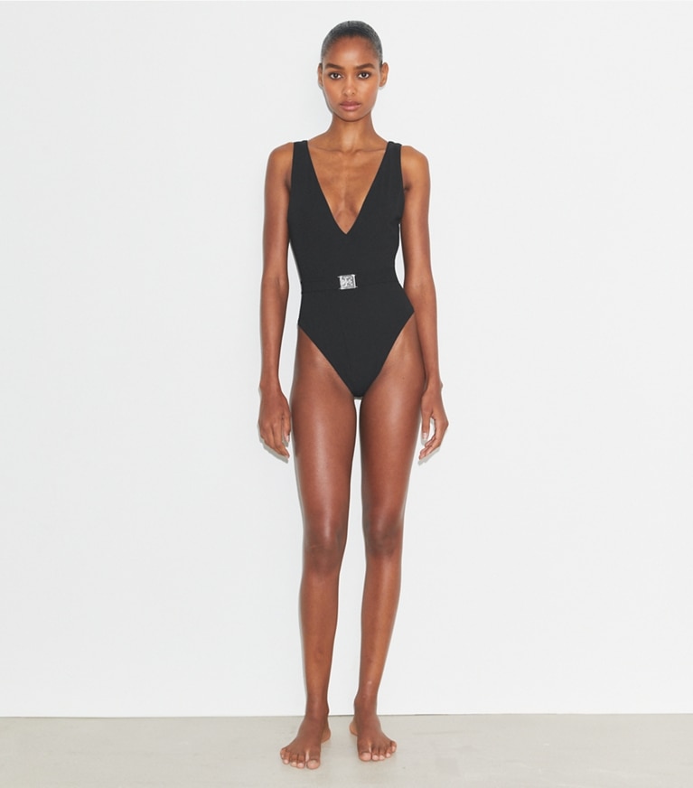 Tory Burch designer one pieces Belted Logo Swimsuit in Black front