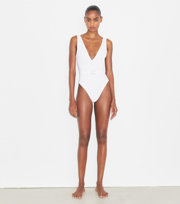Tory Burch designer one pieces Belted Logo Swimsuit in White on model front