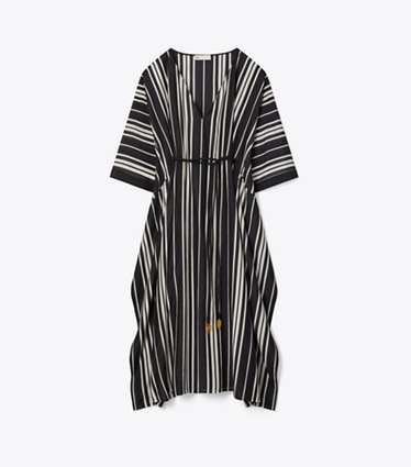 Tory Burch designer coverups Belted Striped Silk Caftan in Black Stripe front