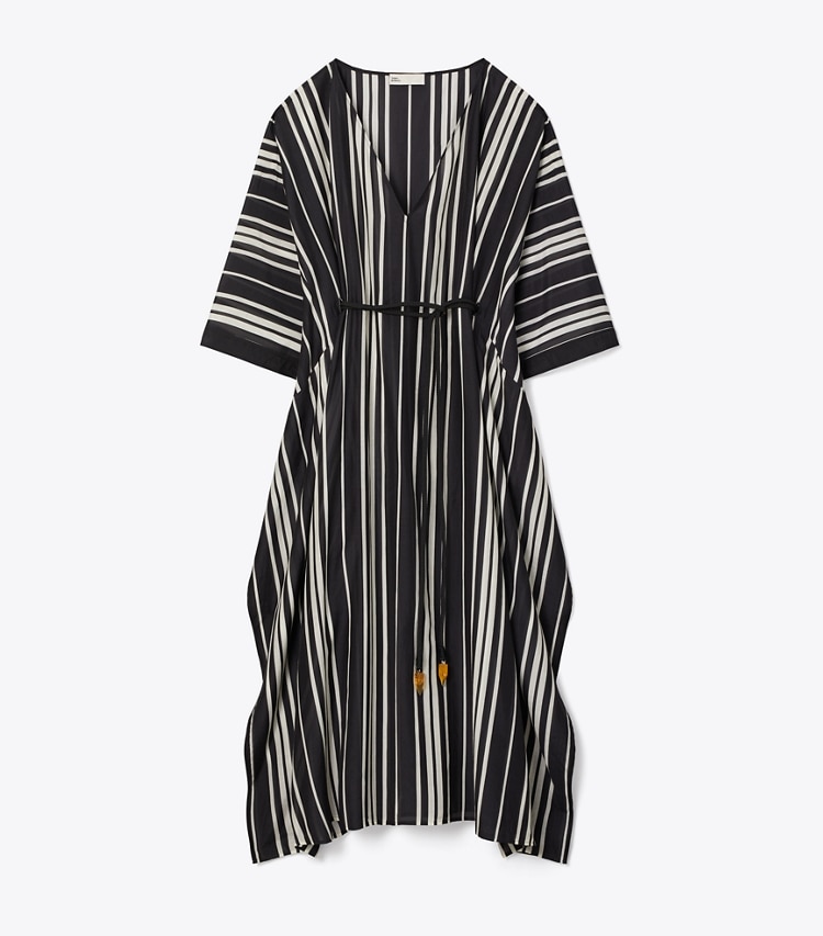 Tory Burch designer coverups Belted Striped Silk Caftan in Black Stripe front