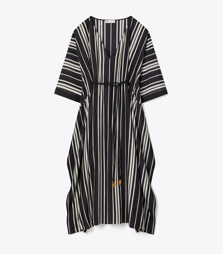 Tory Burch designer coverups Belted Striped Silk Caftan in Black Stripe front
