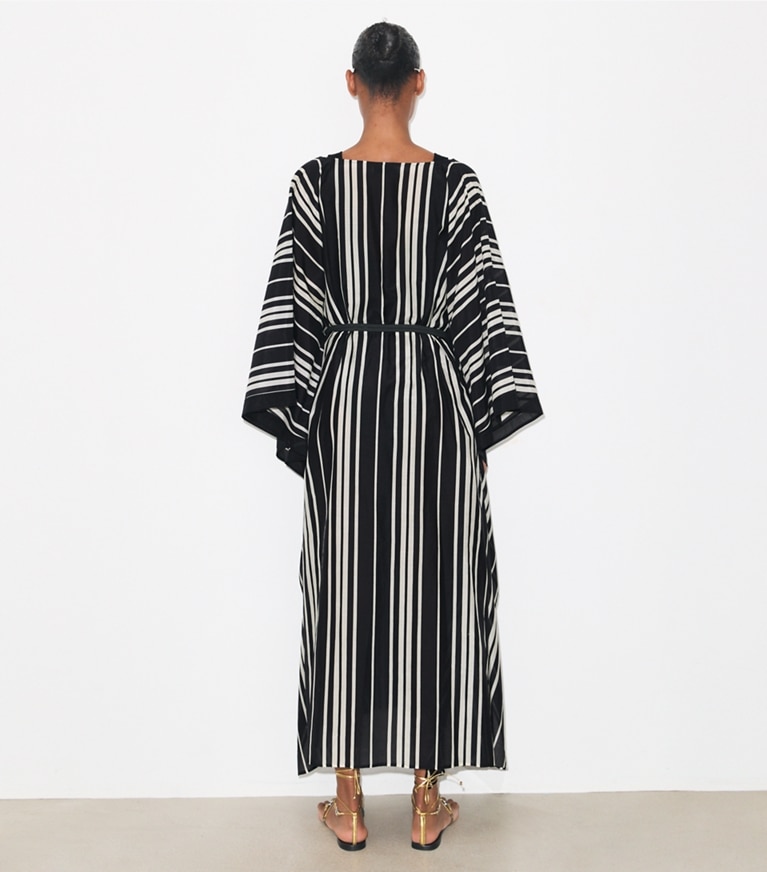 Tory Burch designer coverups Belted Striped Silk Caftan in Black Stripe on model back