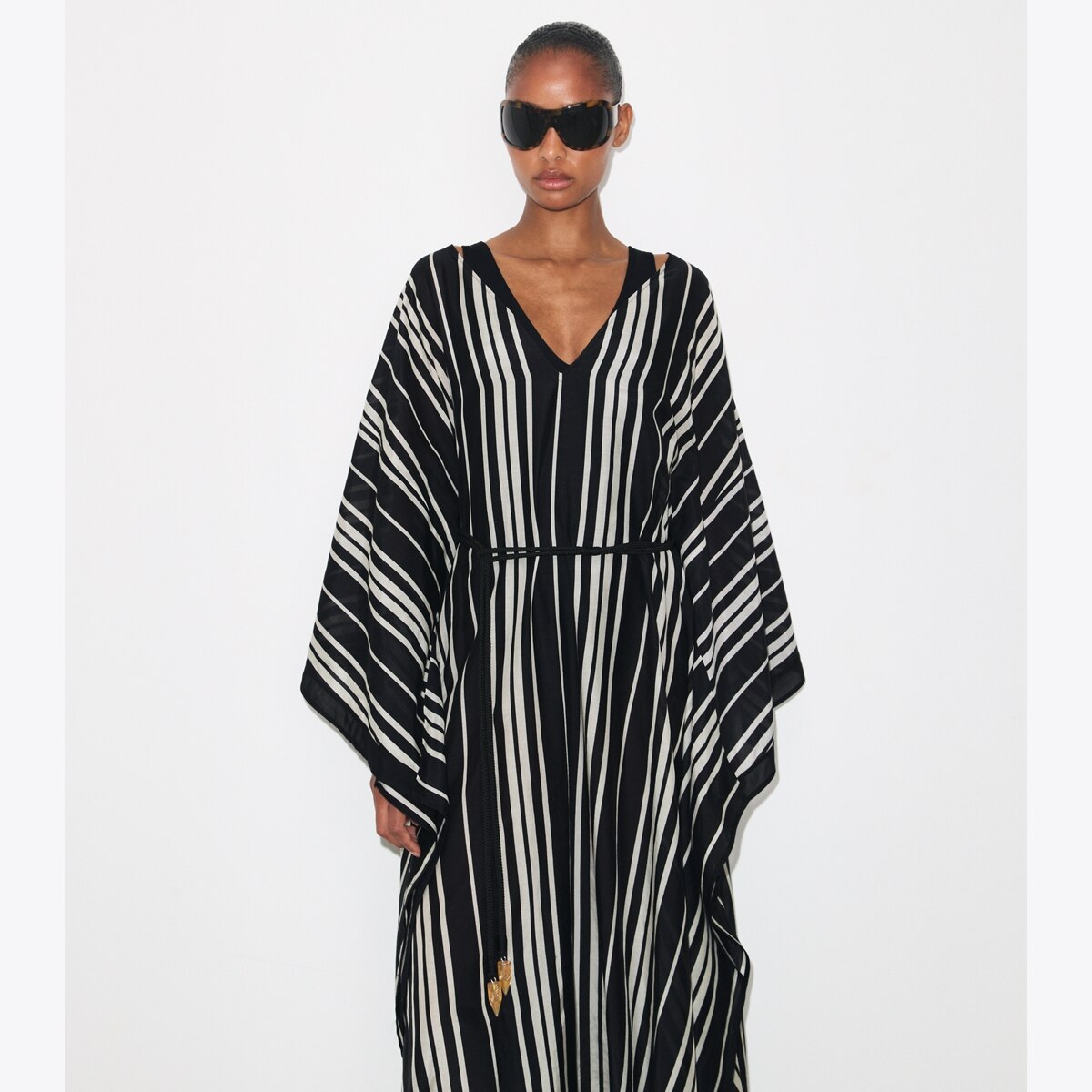 TORY BURCHストライプ七分袖チュニック Belted Striped Silk Caftan: Women's Designer Coverups | Tory Burch